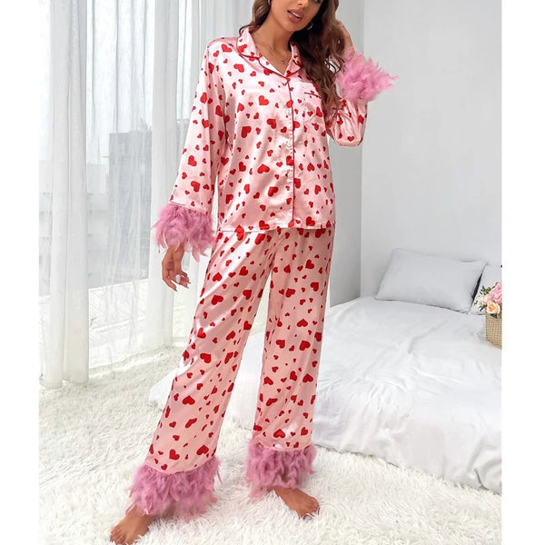 Valentines Day Pajamas Loungewear Women Satin Heart Print Long Sleeve Shirt Tops with Pants 2000s Clothes Sleepwear Nightwear
