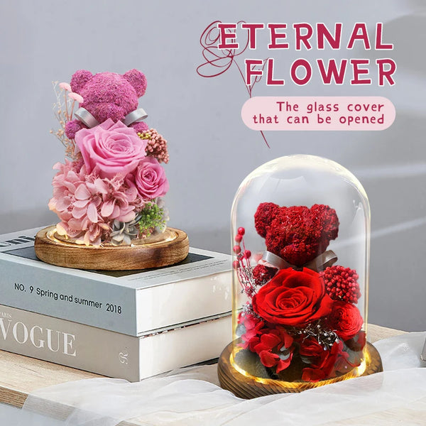 Eternal Preserved Flowers Bear,Fresh Rose Lovely Teddy Bear In Glass,With LED Glowing Light,Girlfriend Christmas Valentines Gift