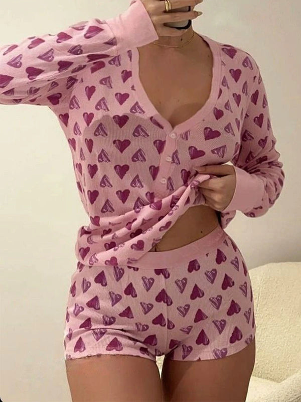 Women Valentine s Day Pajama Set Heart Print Button T-shirt Shorts Sleepwear Loungewear