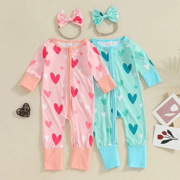 2023-11-09 Lioraitiin Baby Girl Valentine's Day Jumpsuit Heart Print Romper Outfit Long Sleeve Ruffle Bodysuit with Headband Set
