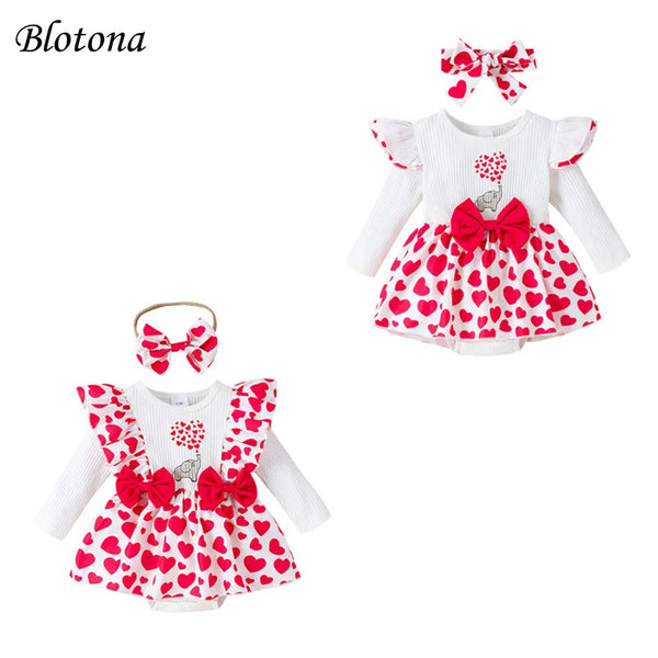 Blotona Baby Girl Valentine's Day Outfits Ruffled Long Sleeve Bow Front Romper Dress with Headband Set Infant Cute Clothes 0-18M
