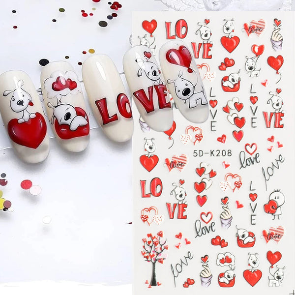 5D Embossed Nail Stickers Cartoon Lover Valentines Day Nail Decals Chocolate Hearts Relief Sliders Bears For Manicure GL5D-K214