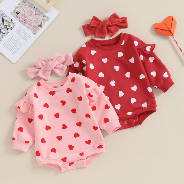Infant Baby Girl Bodysuits Valentine's Day Clothes Cute Heart Print Ruffle Long Sleeve O Neck Bodysuit with Bow Headband Outfit