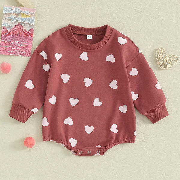2023-11-09 Lioraitiin 0-18M Cute Newborn Baby Girl Bubble Bodysuit Heart Print Long Sleeve O-Neck Romper Valentine's Day Outfit