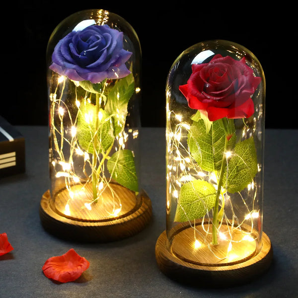 Wedding LED Enchanted Galaxy Rose Eternal Flower with Lights In Dome Beauty Artificial Flowers for Christmas Valentines Day Gift