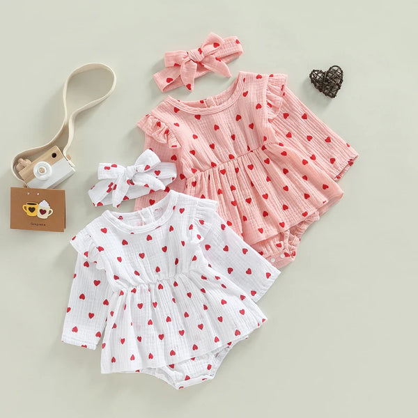 Newborn Baby Girls Cotton Linen Romper Dress Long Sleeve Heart Print Bodysuits Jumpsuits Valentine's Day Outfits with Headband