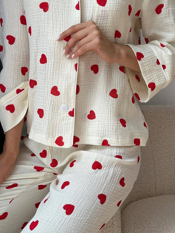 2 Piece Pyjamas for Women Heart Print Long Sleeve Button Down Tops and Pants Sleepwear Valentine s Day Nightwear