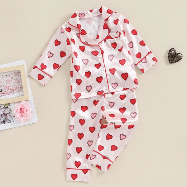 Toddler Baby Girl Pajamas Love Heart PJs Satin Shirt and Pants Kids Silk PJs Set Girls Valentines Day Pajamas