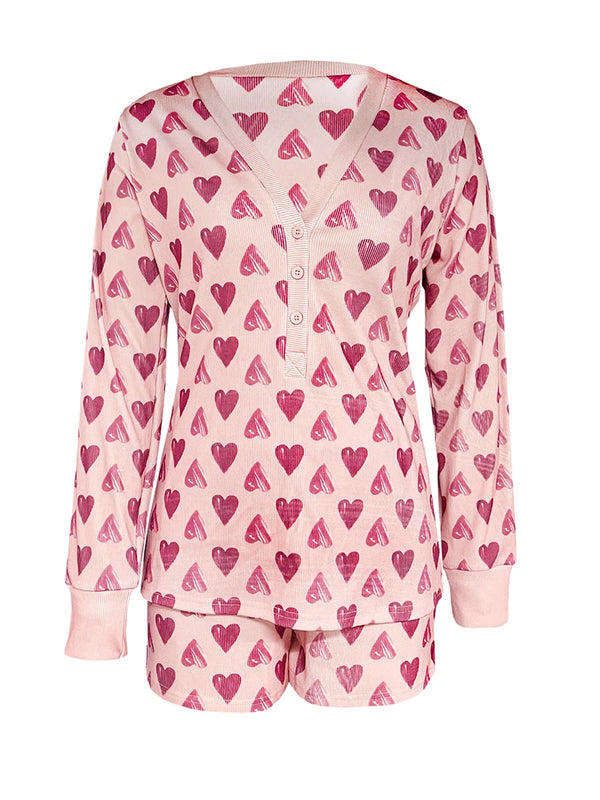 Women Valentine s Day Pajama Set Heart Print Button T-shirt Shorts Sleepwear Loungewear